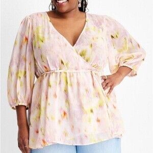 Future Collective Women's Floral Print 3/4 Sleeve V-Neck Wrap Top Plus Size 2X